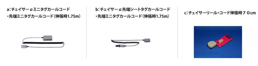 a:チェイサーαミニタグカールコード、b:チェイサーα先端シートタグカールコード、c:チェイサーリール